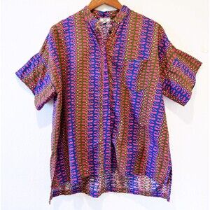 Zuri Kenya MEDIUM Cotton Women's Top Hidden Button Tunic Geometric Blue Magenta